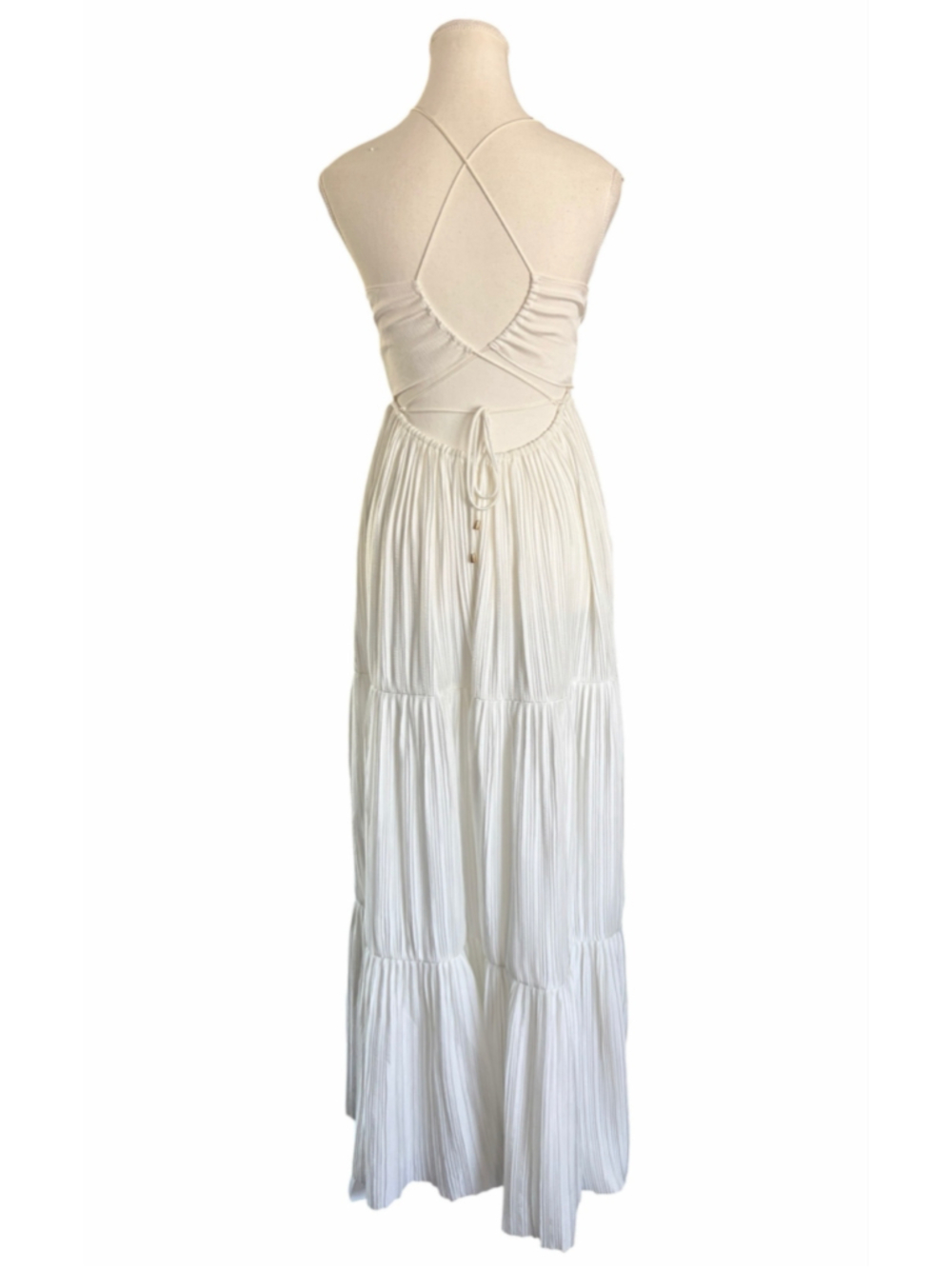ba&sh Wasta Tiered Pleated Maxi Dress White Bridal Open Back Gold Ring NWOT Sm - Picture 4 of 8